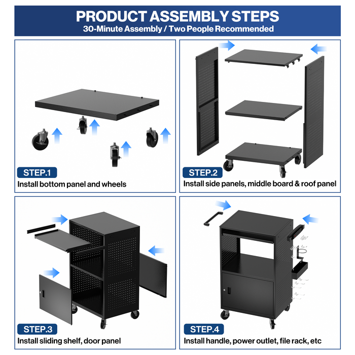P-AVNTK-H0 - Mobile Steel AV Cart with Power Strip, Side Pegboard
