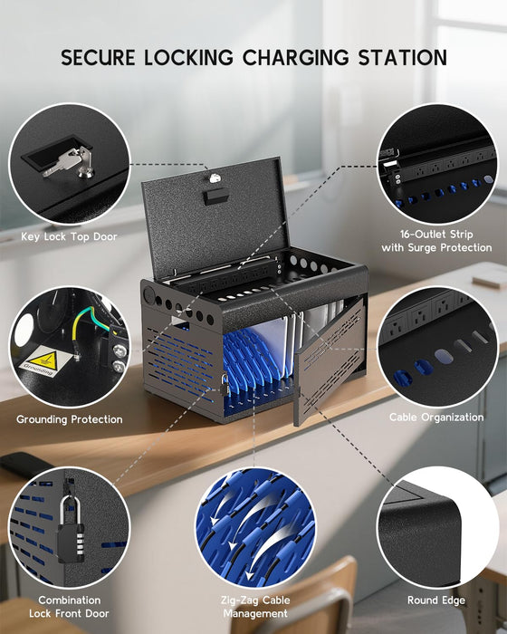 C16D-H - 16-Device Locking Charging Cabinet for Chromebooks, iPads, and Laptops