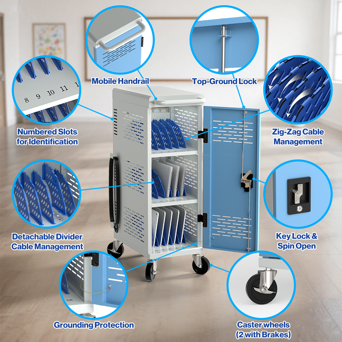 C18-T - Fully Assembled 18-Unit Charging Cart (Blue/Gray)