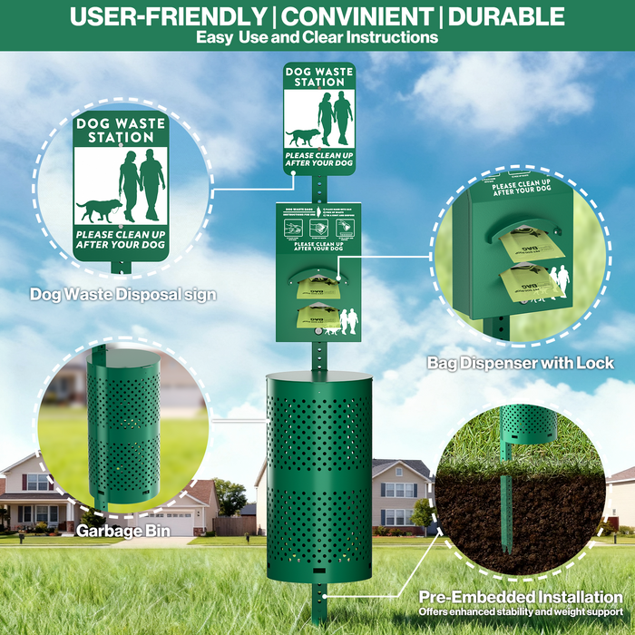 D19 - Aluminum Rustproof Pet Poop Station with 600 Waste Bags & 50 Can Liners