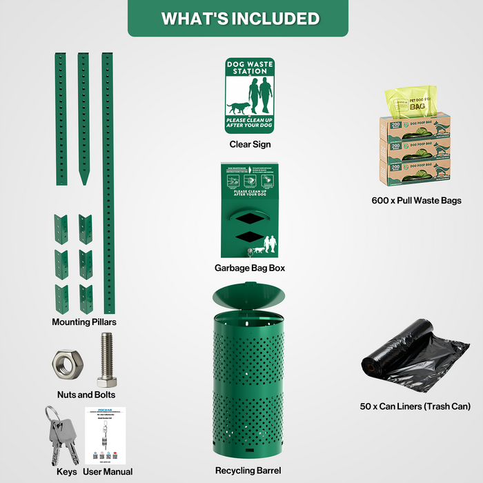 D19 - Aluminum Rustproof Pet Poop Station with 600 Waste Bags & 50 Can Liners