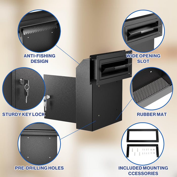 D1B-H -Large Through the Door Locking Mailbox for Daily Items, Black