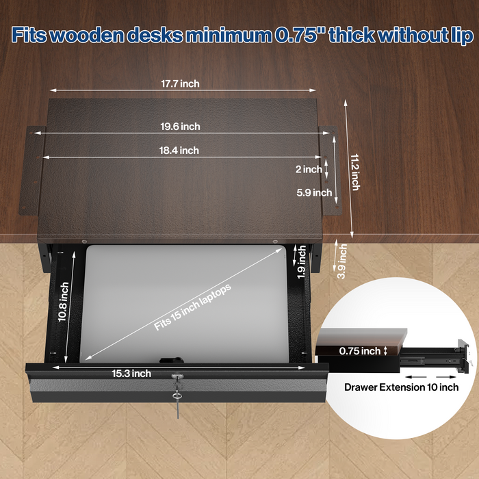 DR2 - 17.75" Steel Under Desk Drawer with Lock & Keys