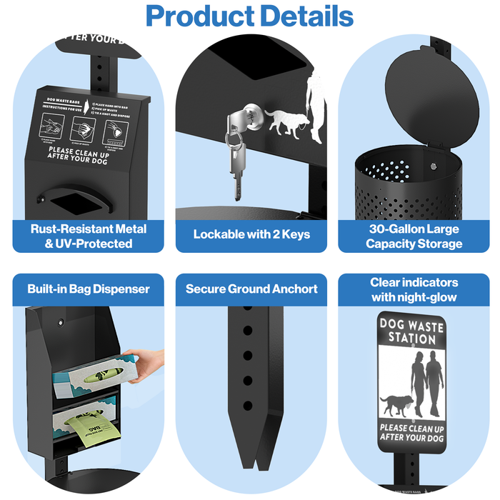 D19 - Aluminum Rustproof Pet Poop Station with 600 Waste Bags & 50 Can Liners
