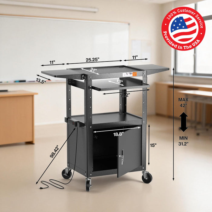 P-AVMTK-H0 - Steel AV Cart with Locking Cabinet & Drop Leaves - Adjustable Height Media Carts