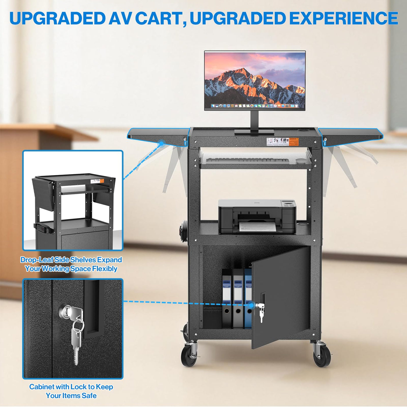 P-AVMTK-H0 - Steel AV Cart with Locking Cabinet & Drop Leaves - Adjust ...