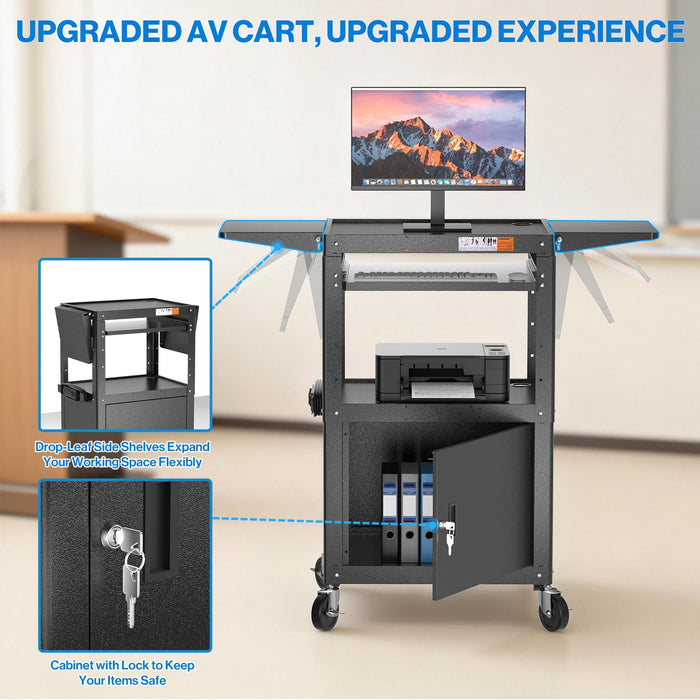 P-AVMTK-H0 - Steel AV Cart with Locking Cabinet & Drop Leaves - Adjustable Height Media Carts