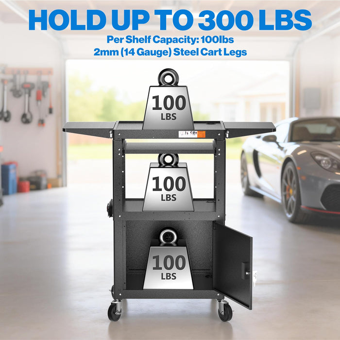 P-AVMTK-H0 - Steel AV Cart with Locking Cabinet & Drop Leaves - Adjustable Height Media Carts