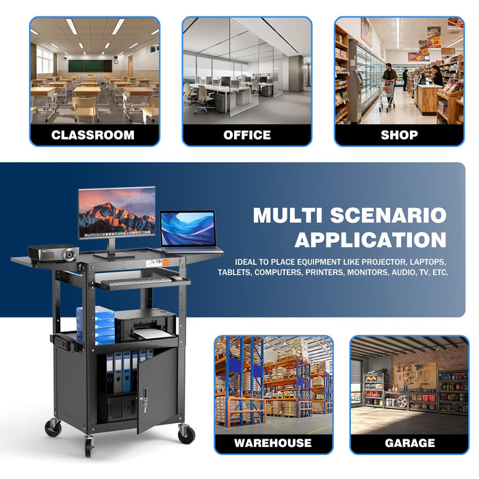 P-AVMTK-H0 - Steel AV Cart with Locking Cabinet & Drop Leaves - Adjustable Height Media Carts