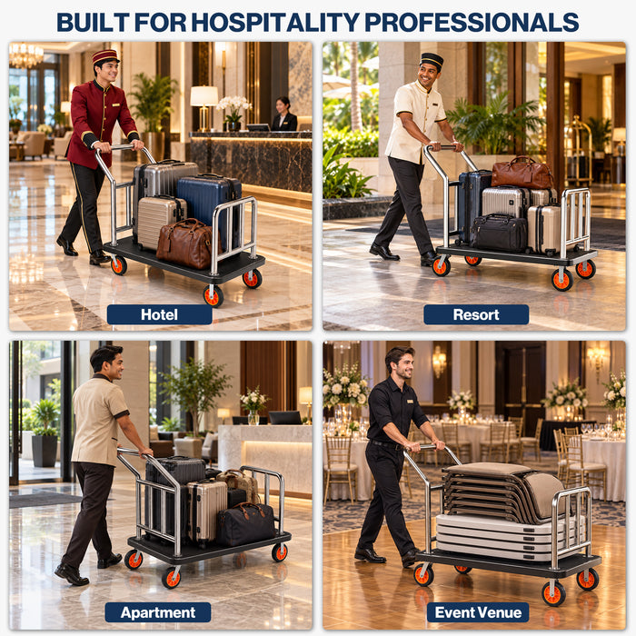 P-AVQOK-H0 - Hotel Luggage Cart, 900 LBS Heavy Duty Stainless Steel Bellman Cart