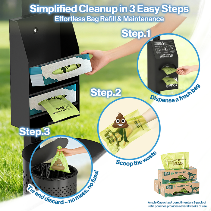 P-D37GK-H0 - Dog Waste Station with 600 Bags, 10 Gallon Outdoor Trash Can (Matte Black)