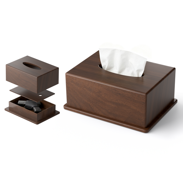 P-G04NF-G0 - Wooden Tissue Box with Hidden Compartment to Store Valuables, Walnut Finish