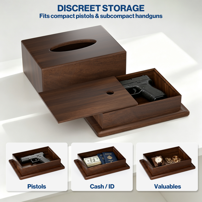 P-G04NF-G0 - Wooden Tissue Box with Hidden Compartment to Store Valuables, Walnut Finish