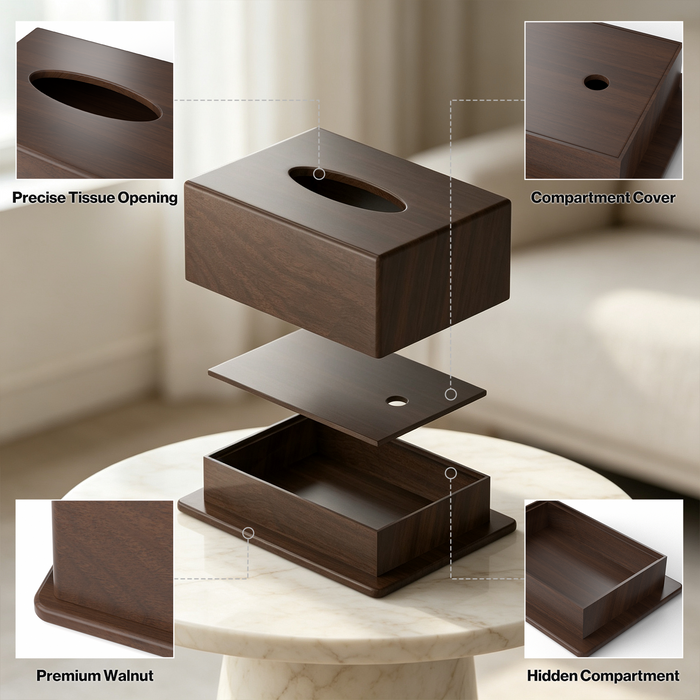 P-G04NF-G0 - Wooden Tissue Box with Hidden Compartment to Store Valuables, Walnut Finish