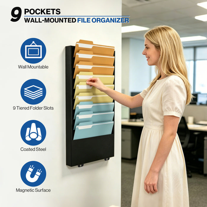P-P06HF-H0 - 9-Tier Vertical Hanging Wall File Organizer for Office, Black