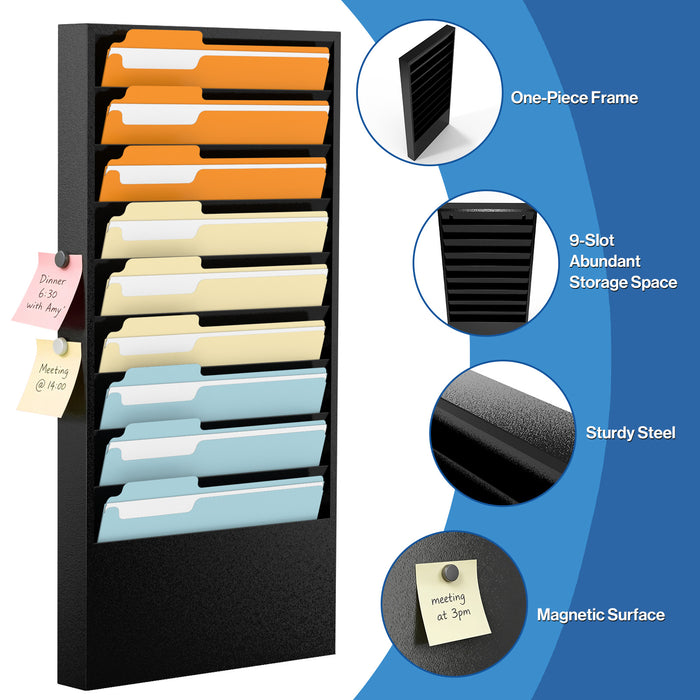 P-P06HF-H0 - 9-Tier Vertical Hanging Wall File Organizer for Office, Black