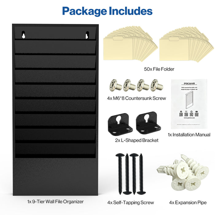 P-P06HF-H0 - 9-Tier Vertical Hanging Wall File Organizer for Office, Black
