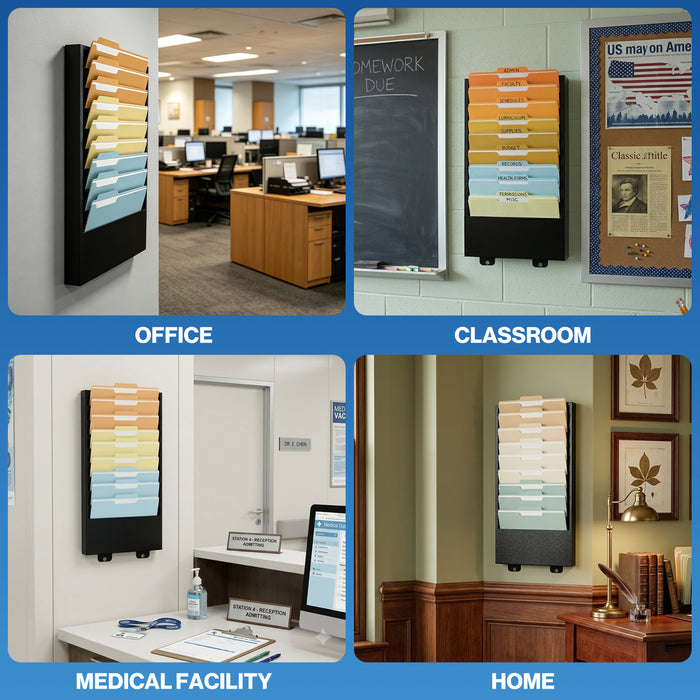 P-P06HF-H0 - 9-Tier Vertical Hanging Wall File Organizer for Office, Black