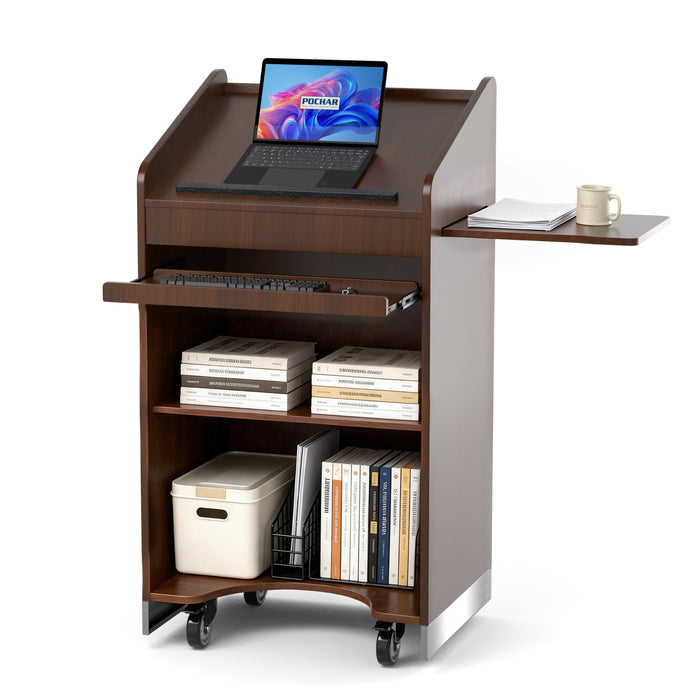 P-T30FK-H0 - 47'' Mobile Lectern Podium with Keyboard Tray and Side Shelf, Walnut