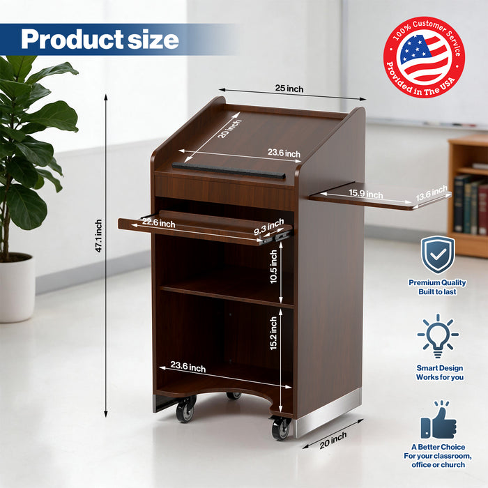 P-T30FK-H0 - 47'' Mobile Lectern Podium with Keyboard Tray and Side Shelf, Walnut