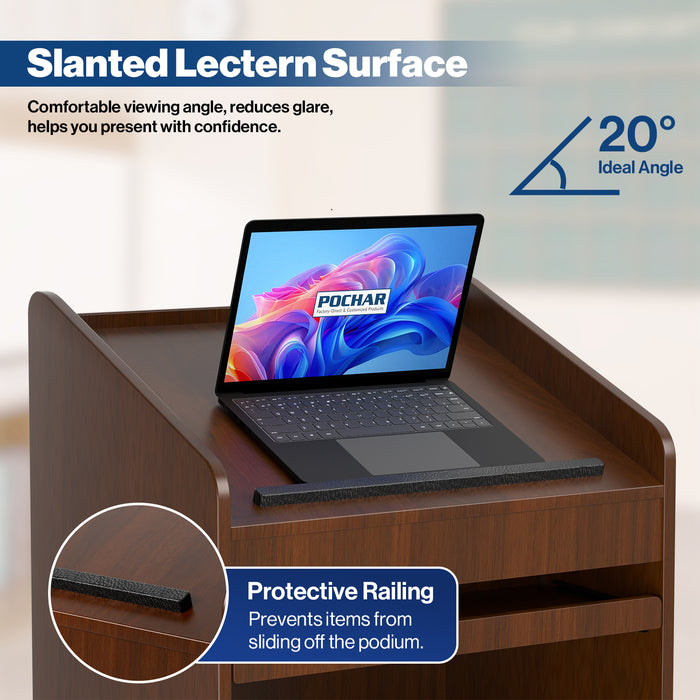 P-T30FK-H0 - 47'' Mobile Lectern Podium with Keyboard Tray and Side Shelf, Walnut
