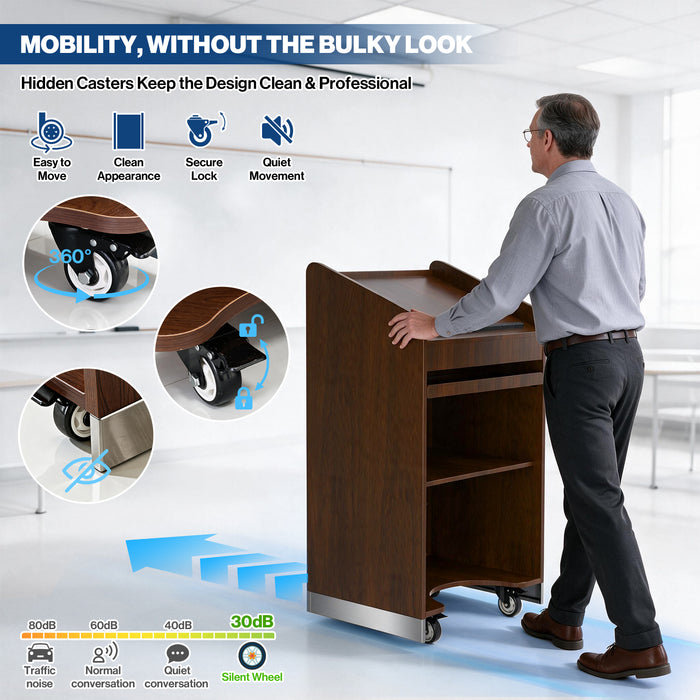 P-T30FK-H0 - 47'' Mobile Lectern Podium with Keyboard Tray and Side Shelf, Walnut
