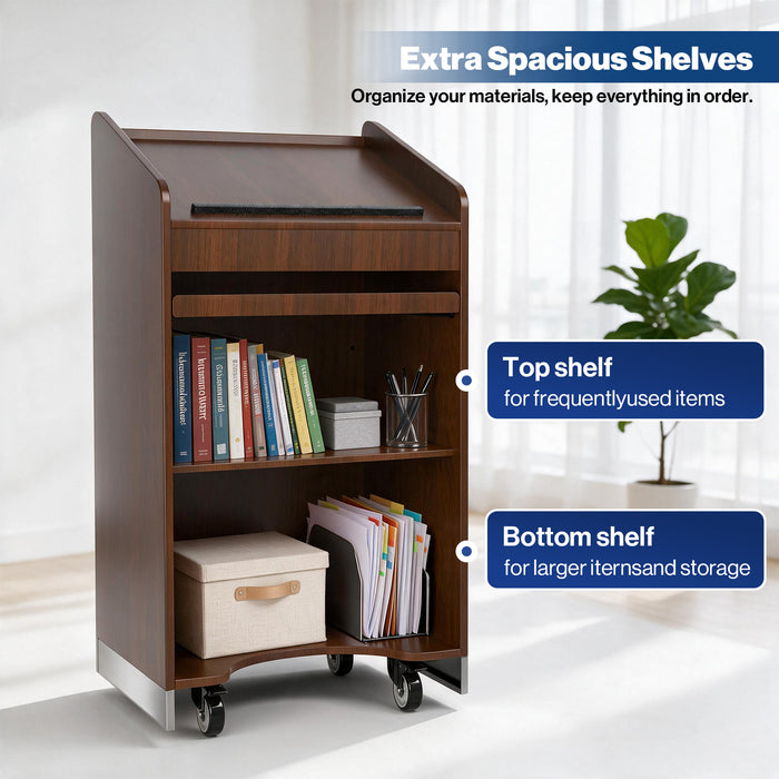 P-T30FK-H0 - 47'' Mobile Lectern Podium with Keyboard Tray and Side Shelf, Walnut
