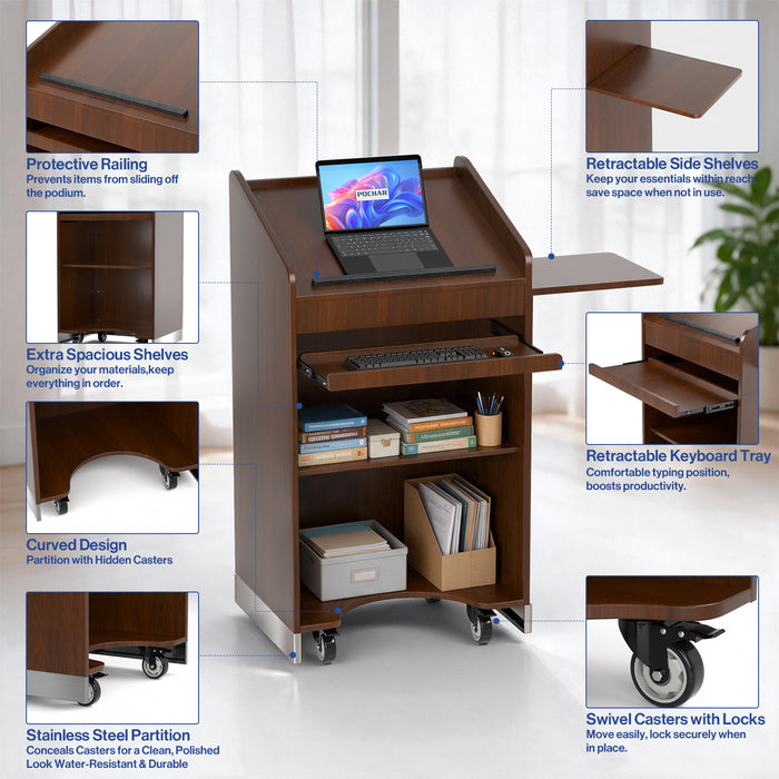 P-T30FK-H0 - 47'' Mobile Lectern Podium with Keyboard Tray and Side Shelf, Walnut