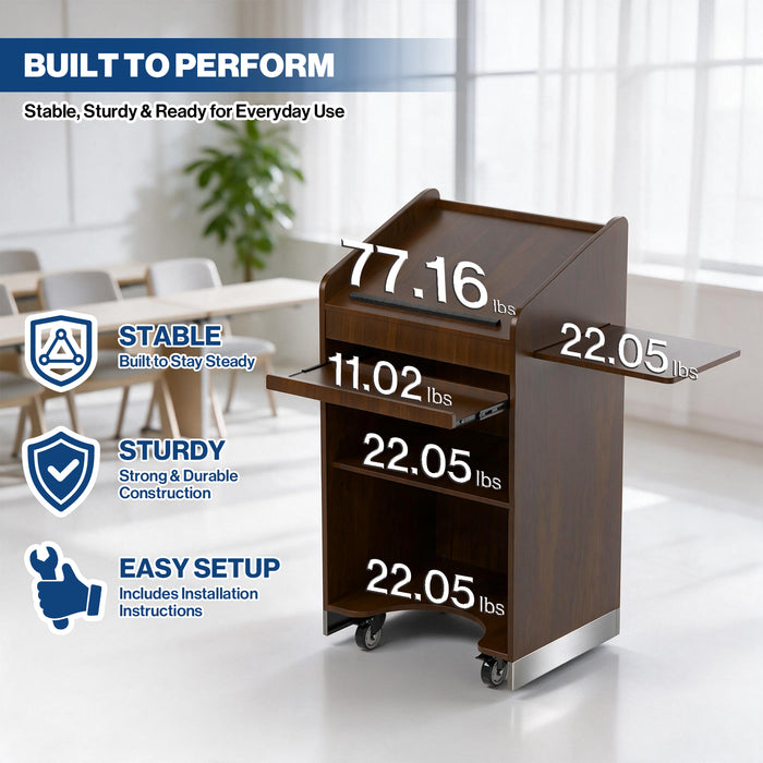 P-T30FK-H0 - 47'' Mobile Lectern Podium with Keyboard Tray and Side Shelf, Walnut