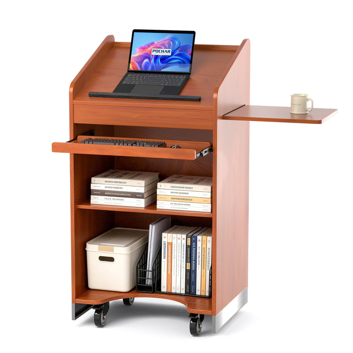 P-T30FK-R0 - 47'' Portable Rolling Podium Stand with Keyboard Tray, Cherry