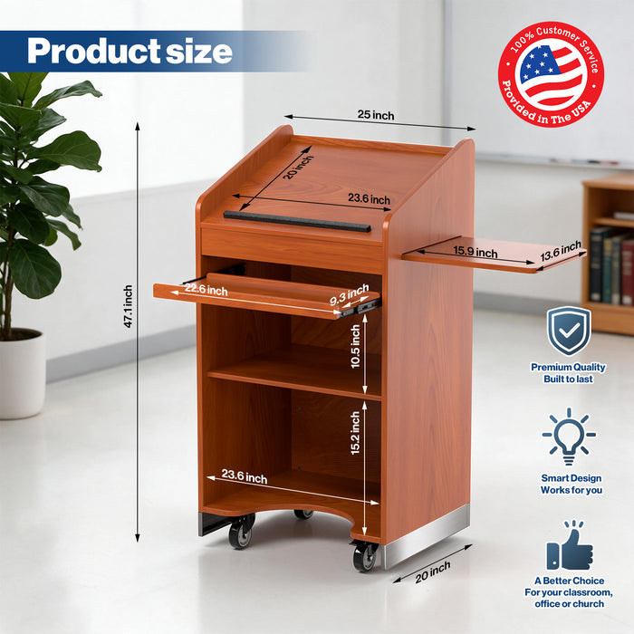 P-T30FK-R0 - 47'' Portable Rolling Podium Stand with Keyboard Tray, Cherry