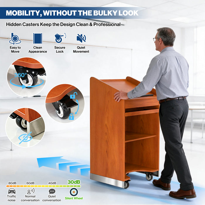 P-T30FK-R0 - 47'' Portable Rolling Podium Stand with Keyboard Tray, Cherry
