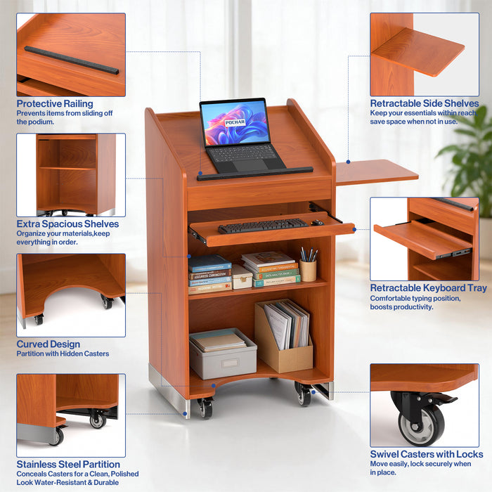 P-T30FK-R0 - 47'' Portable Rolling Podium Stand with Keyboard Tray, Cherry