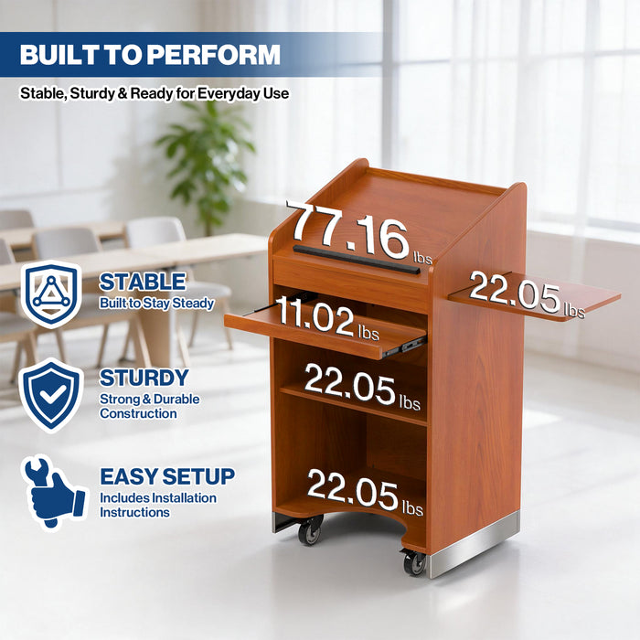 P-T30FK-R0 - 47'' Portable Rolling Podium Stand with Keyboard Tray, Cherry