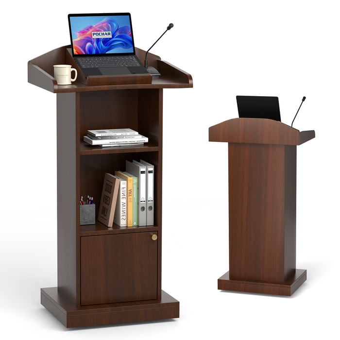 P-T39FK-H0 - Mobile Podium Stand, Adjustable Shelf & Tilt Reading Stand, Walnut