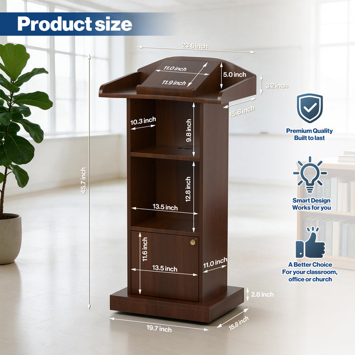 P-T39FK-H0 - Mobile Podium Stand, Adjustable Shelf & Tilt Reading Stand, Walnut