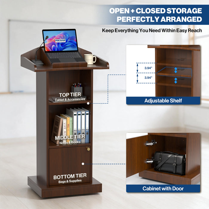 P-T39FK-H0 - Mobile Podium Stand, Adjustable Shelf & Tilt Reading Stand, Walnut