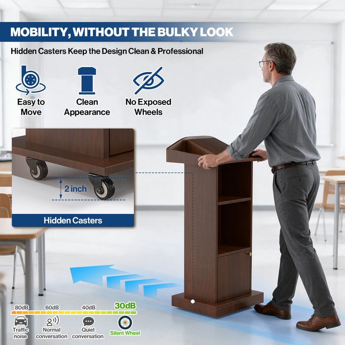 P-T39FK-H0 - Mobile Podium Stand, Adjustable Shelf & Tilt Reading Stand, Walnut