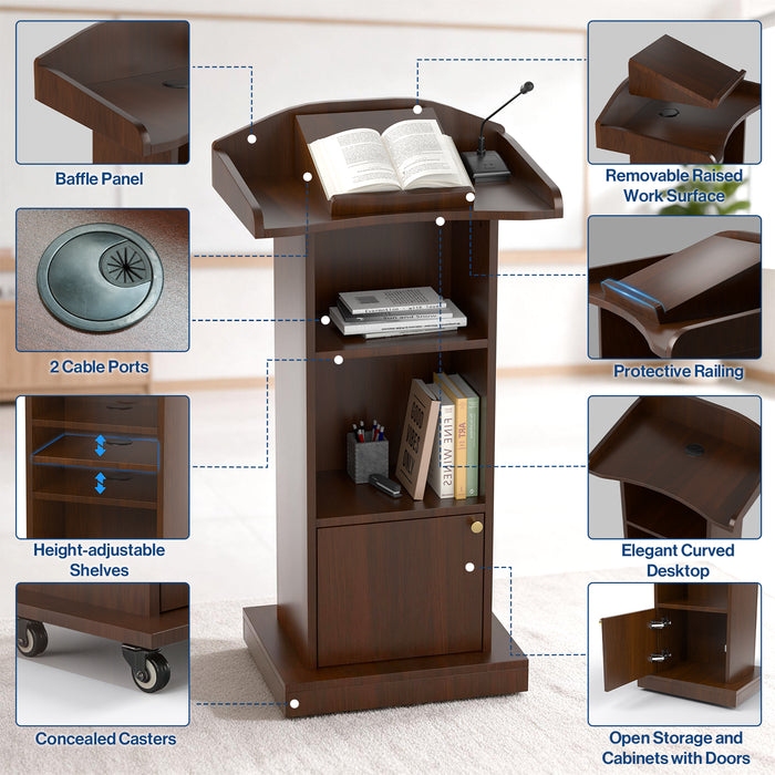 P-T39FK-H0 - Mobile Podium Stand, Adjustable Shelf & Tilt Reading Stand, Walnut