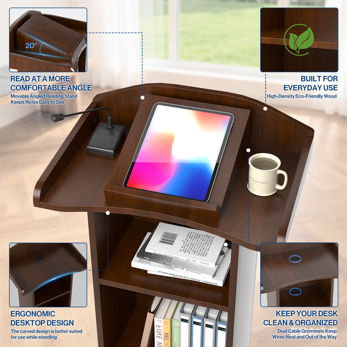P-T39FK-H0 - Mobile Podium Stand, Adjustable Shelf & Tilt Reading Stand, Walnut