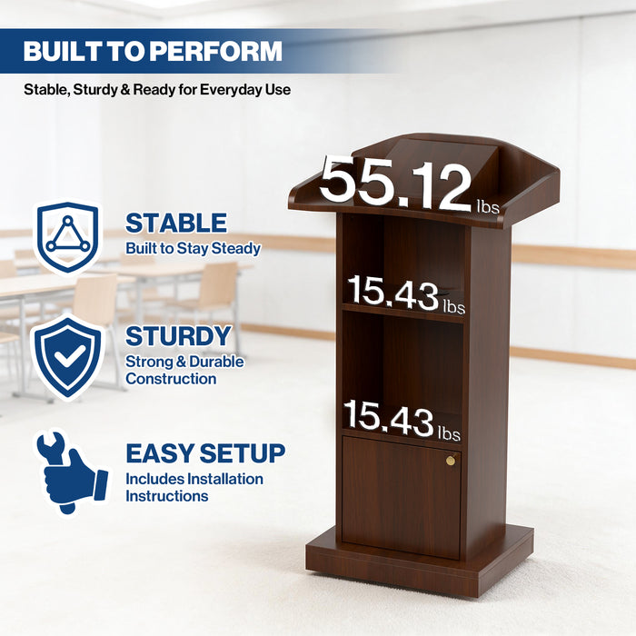 P-T39FK-H0 - Mobile Podium Stand, Adjustable Shelf & Tilt Reading Stand, Walnut