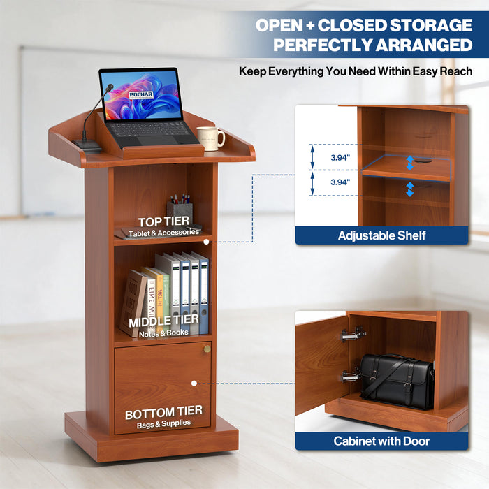 P-T39FK-R0 - Mobile Podium Stand, Adjustable Shelf & Tilt Reading Stand, Cherry