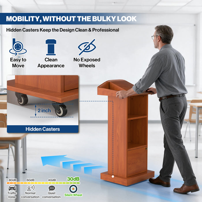 P-T39FK-R0 - Mobile Podium Stand, Adjustable Shelf & Tilt Reading Stand, Cherry