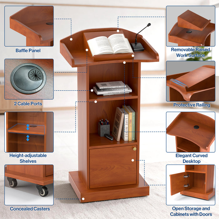 P-T39FK-R0 - Mobile Podium Stand, Adjustable Shelf & Tilt Reading Stand, Cherry