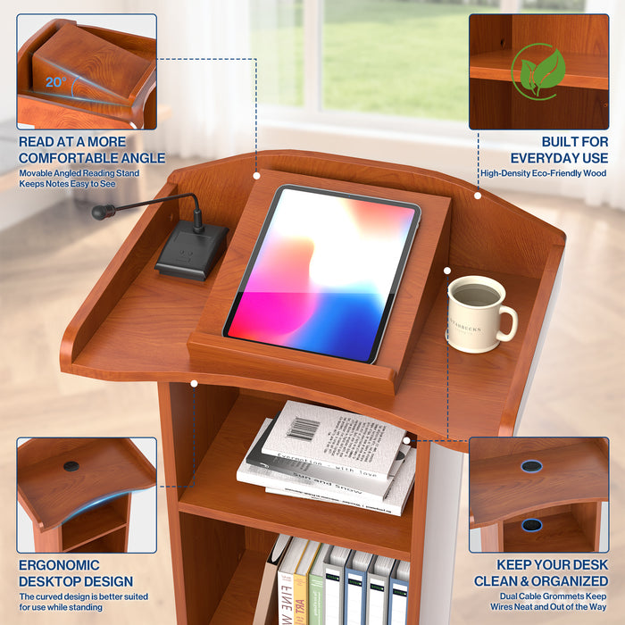P-T39FK-R0 - Mobile Podium Stand, Adjustable Shelf & Tilt Reading Stand, Cherry