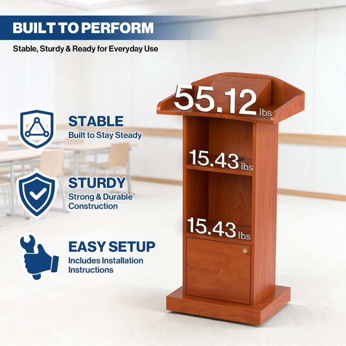 P-T39FK-R0 - Mobile Podium Stand, Adjustable Shelf & Tilt Reading Stand, Cherry