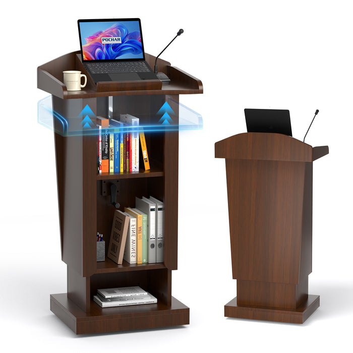 P-T40FK-H0 - Podium Stand with Wheels, 43.3-53.1" Adjustable Lectern, Walnut