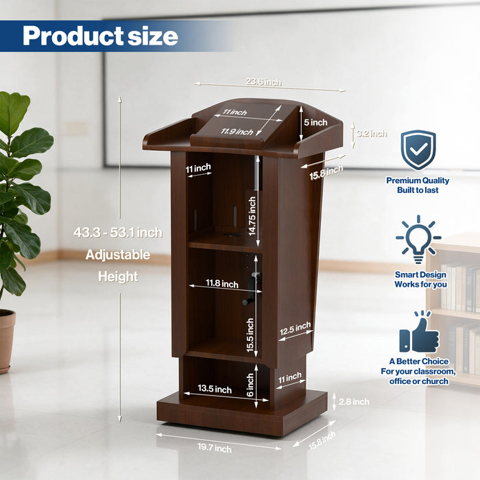 P-T40FK-H0 - Podium Stand with Wheels, 43.3-53.1" Adjustable Lectern, Walnut