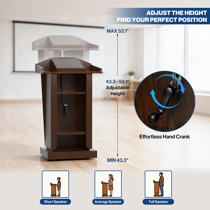 P-T40FK-H0 - Podium Stand with Wheels, 43.3-53.1" Adjustable Lectern, Walnut