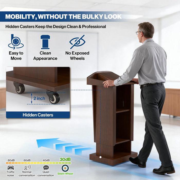 P-T40FK-H0 - Podium Stand with Wheels, 43.3-53.1" Adjustable Lectern, Walnut